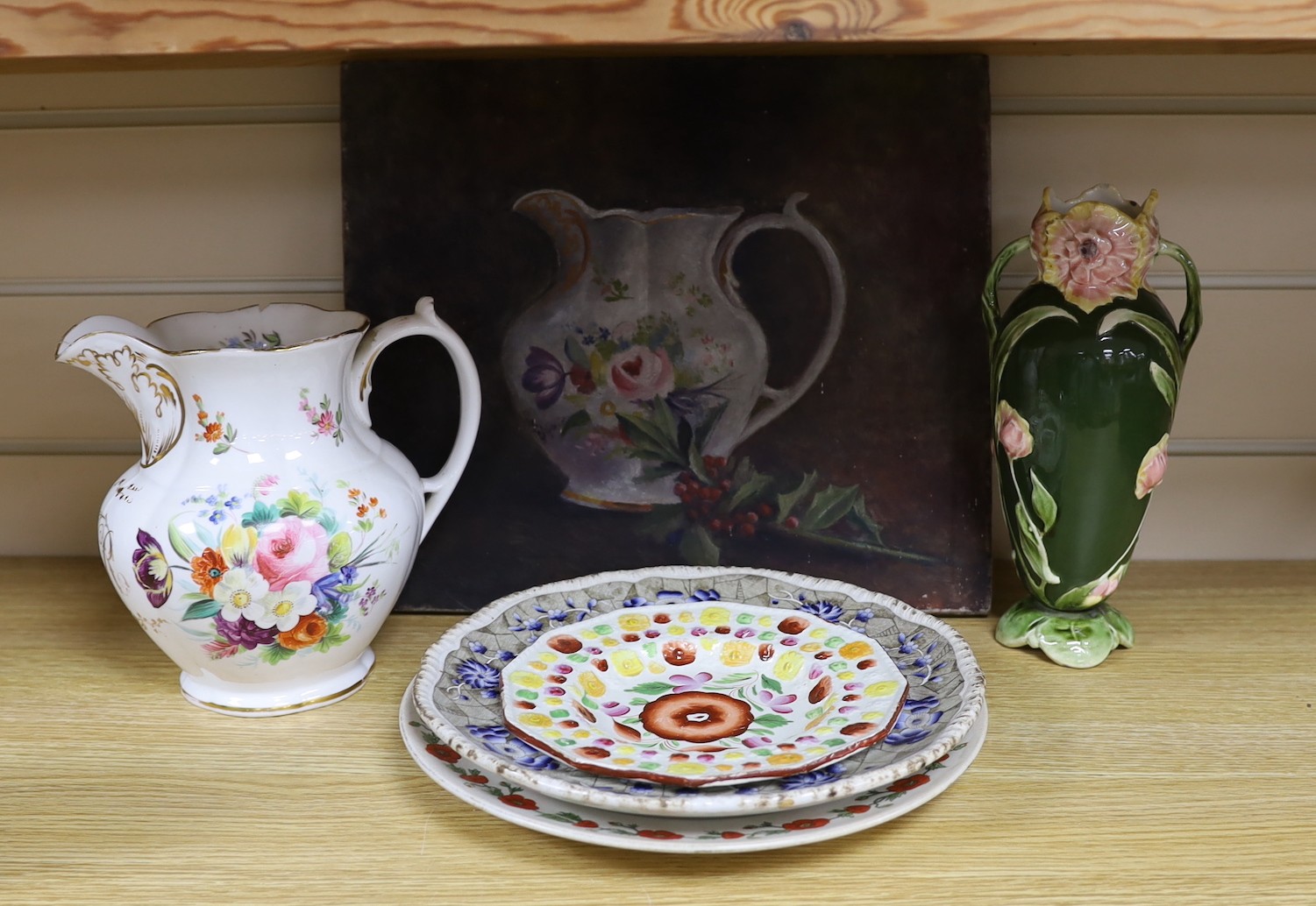 An early Victorian bone china jug, 19.5cm tall, related oil on canvas, three plates and continental vase